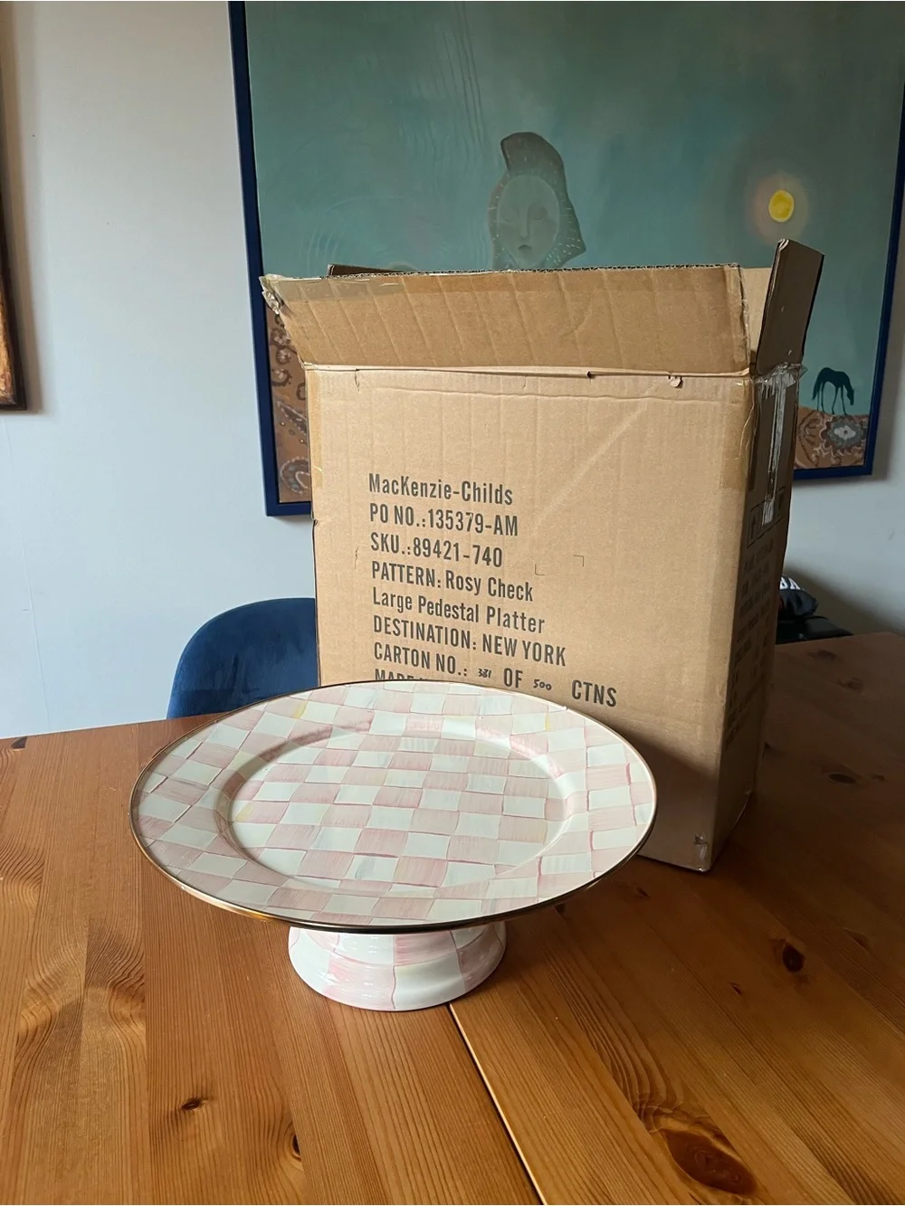 MacKenzie-Childs Rosy Check Large Pedestal Platter